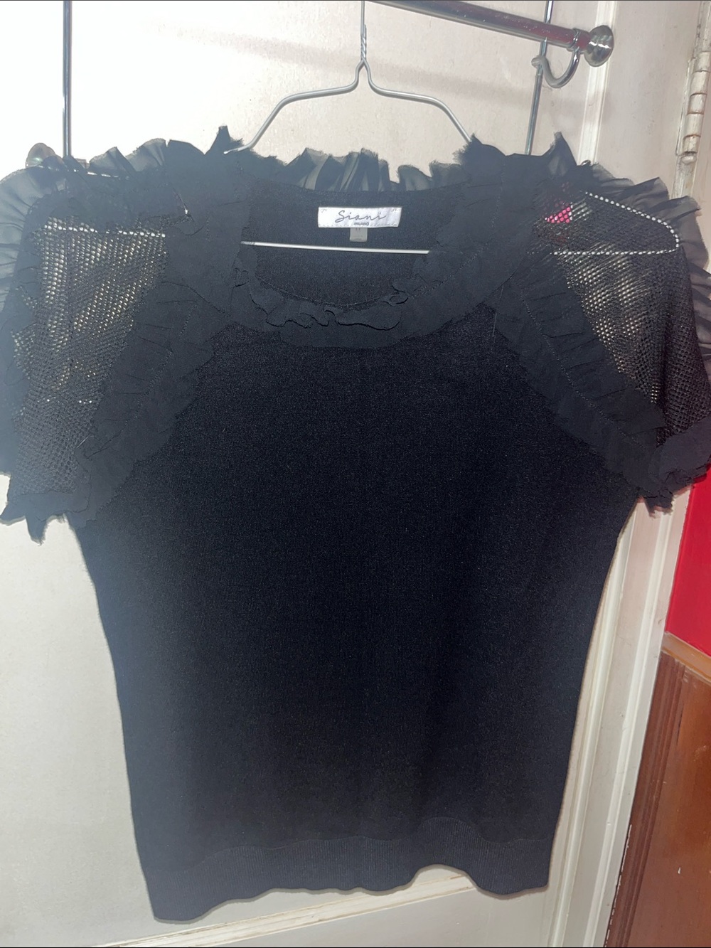 Black Ruffle Mesh Sleeve Knit Top